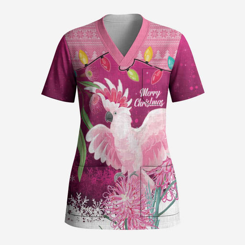Pink Cockatoo Australia Christmas Scrub Top Grevillea Eucalyptus Blossoms - Aussie Hoodie