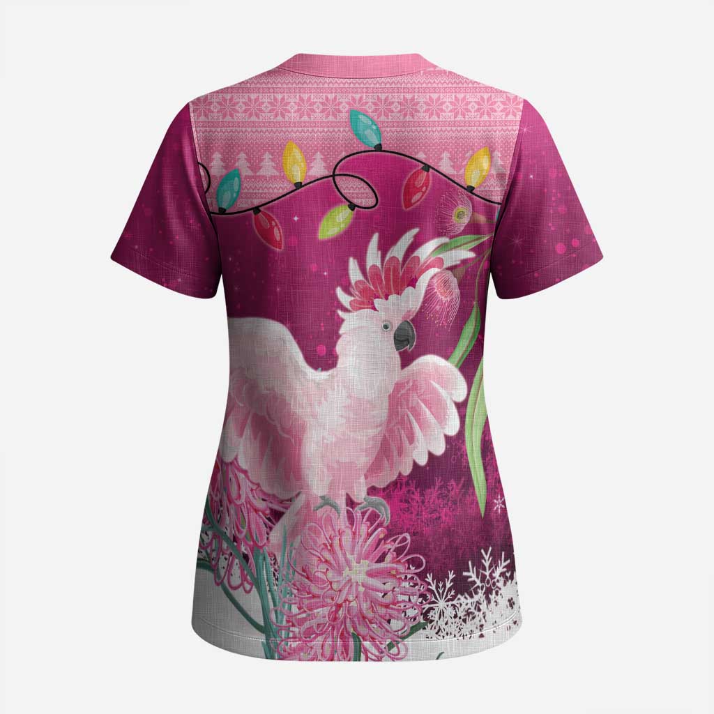 Pink Cockatoo Australia Christmas Scrub Top Grevillea Eucalyptus Blossoms - Aussie Hoodie