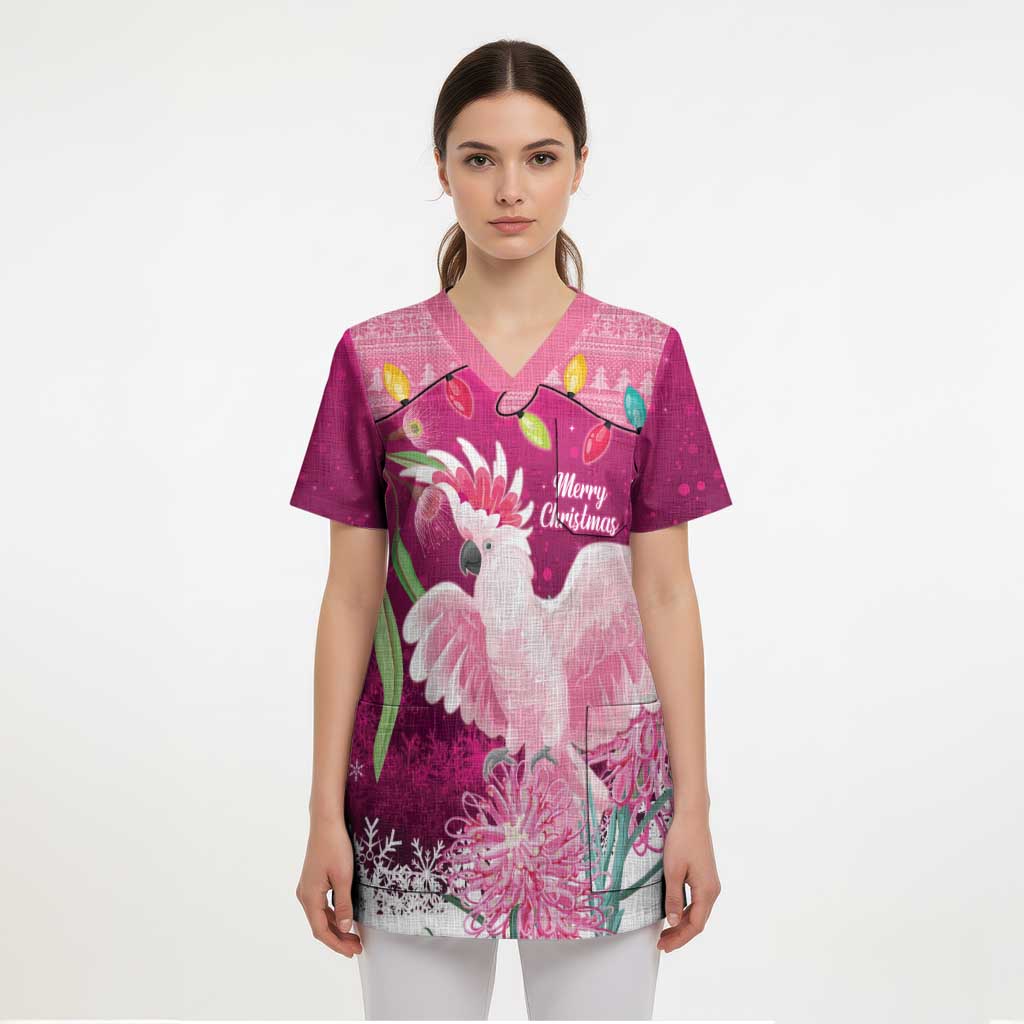Pink Cockatoo Australia Christmas Scrub Top Grevillea Eucalyptus Blossoms - Aussie Hoodie