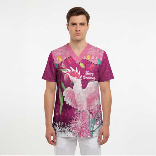 Pink Cockatoo Australia Christmas Scrub Top Grevillea Eucalyptus Blossoms - Aussie Hoodie