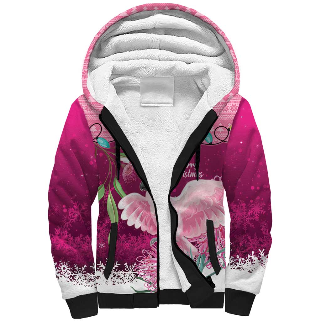 Pink Cockatoo Australia Christmas Sherpa Hoodie Grevillea Eucalyptus Blossoms - Aussie Hoodie
