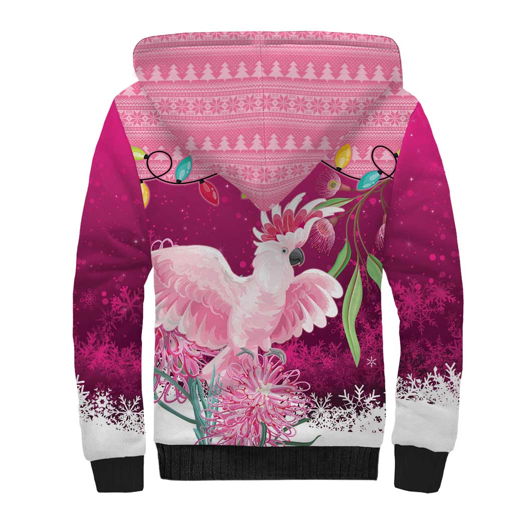 Pink Cockatoo Australia Christmas Sherpa Hoodie Grevillea Eucalyptus Blossoms - Aussie Hoodie