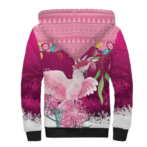 Pink Cockatoo Australia Christmas Sherpa Hoodie Grevillea Eucalyptus Blossoms - Aussie Hoodie