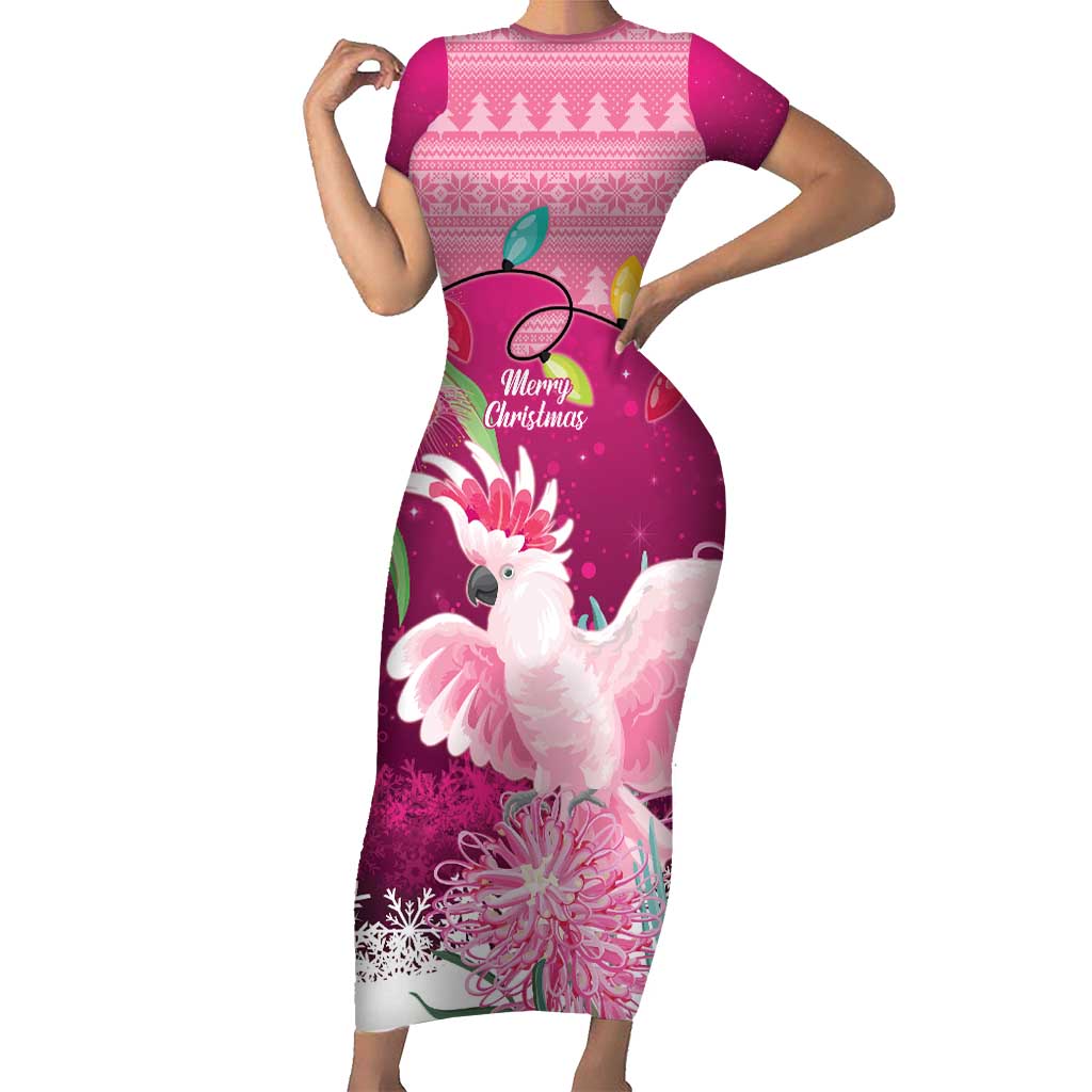 Pink Cockatoo Australia Christmas Short Sleeve Bodycon Dress Grevillea Eucalyptus Blossoms - Aussie Hoodie