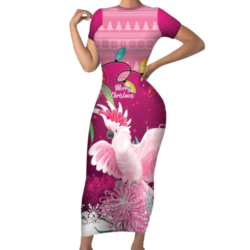 Pink Cockatoo Australia Christmas Short Sleeve Bodycon Dress Grevillea Eucalyptus Blossoms - Aussie Hoodie