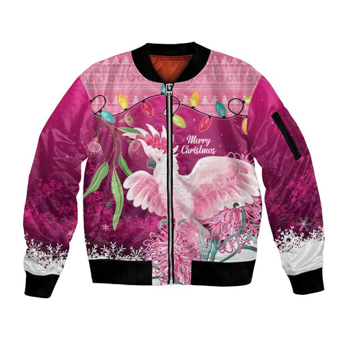 Pink Cockatoo Australia Christmas Sleeve Zip Bomber Jacket Grevillea Eucalyptus Blossoms - Aussie Hoodie