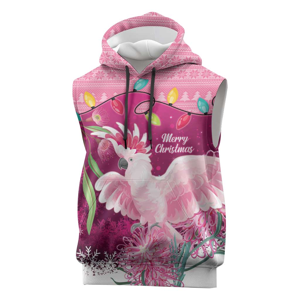 Pink Cockatoo Australia Christmas Sleeveless Hoodie Grevillea Eucalyptus Blossoms - Aussie Hoodie