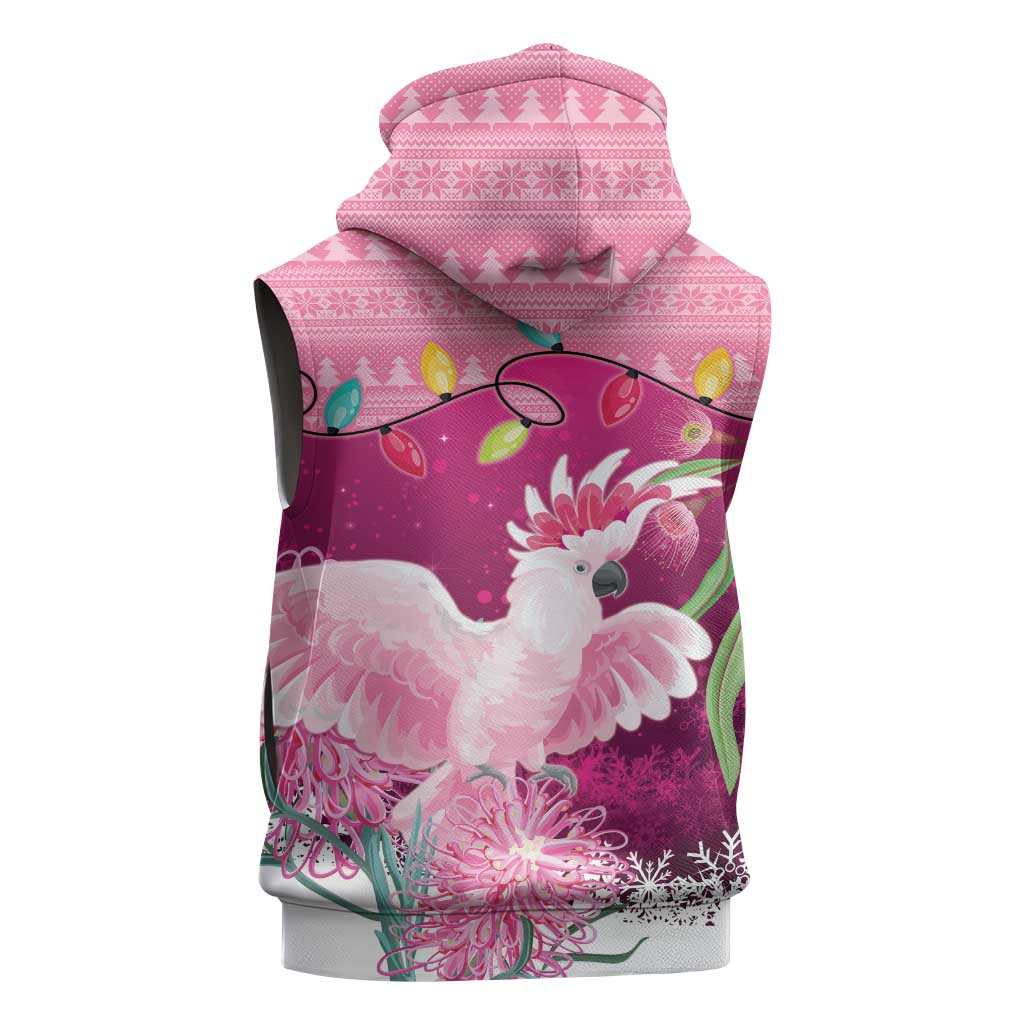 Pink Cockatoo Australia Christmas Sleeveless Hoodie Grevillea Eucalyptus Blossoms - Aussie Hoodie