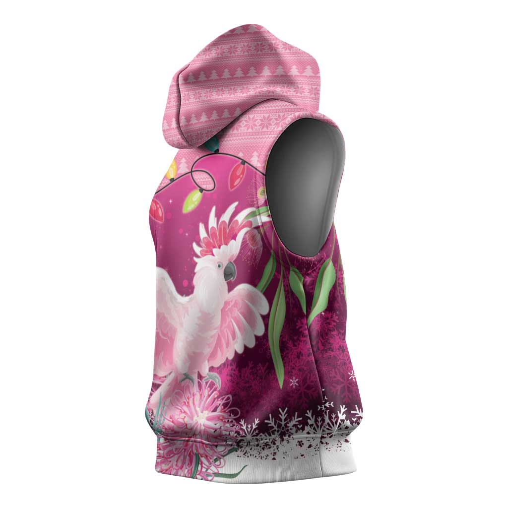 Pink Cockatoo Australia Christmas Sleeveless Hoodie Grevillea Eucalyptus Blossoms - Aussie Hoodie