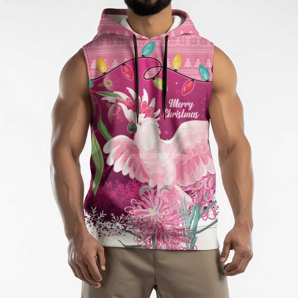 Pink Cockatoo Australia Christmas Sleeveless Hoodie Grevillea Eucalyptus Blossoms - Aussie Hoodie