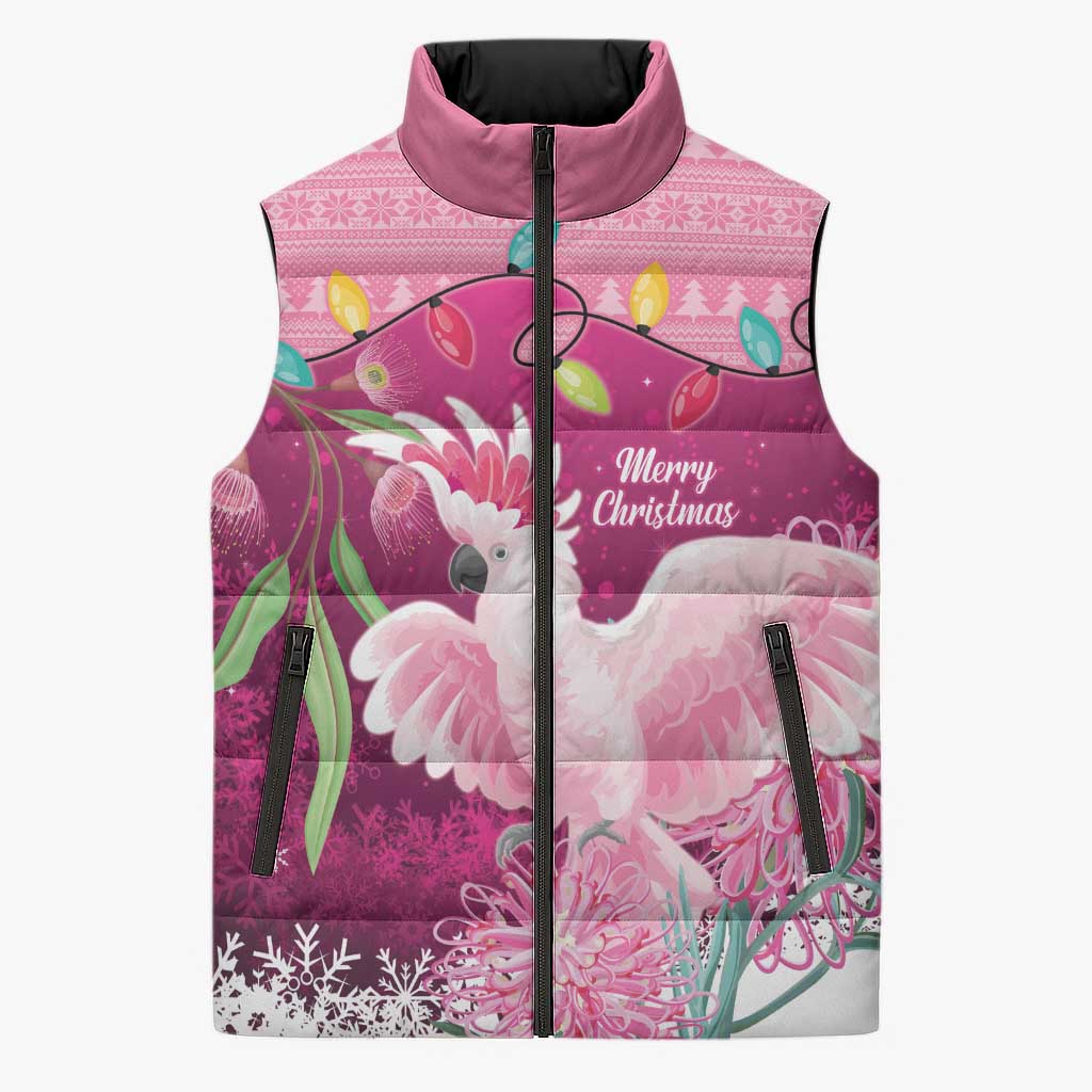 Pink Cockatoo Australia Christmas Sleeveless Puffer Jacket Grevillea Eucalyptus Blossoms - Aussie Hoodie