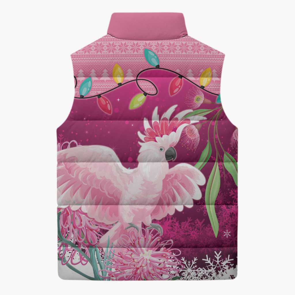 Pink Cockatoo Australia Christmas Sleeveless Puffer Jacket Grevillea Eucalyptus Blossoms - Aussie Hoodie