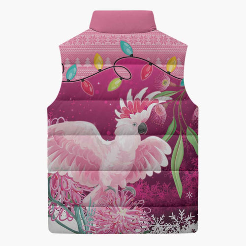 Pink Cockatoo Australia Christmas Sleeveless Puffer Jacket Grevillea Eucalyptus Blossoms - Aussie Hoodie