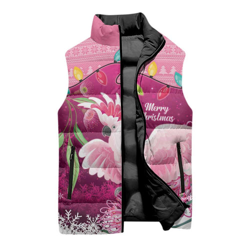 Pink Cockatoo Australia Christmas Sleeveless Puffer Jacket Grevillea Eucalyptus Blossoms - Aussie Hoodie