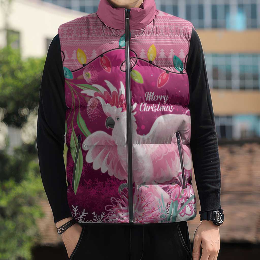Pink Cockatoo Australia Christmas Sleeveless Puffer Jacket Grevillea Eucalyptus Blossoms - Aussie Hoodie