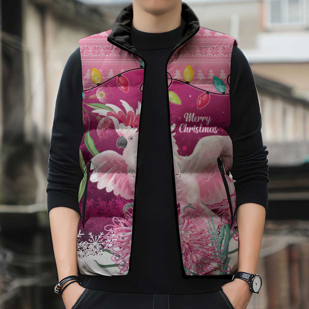 Pink Cockatoo Australia Christmas Sleeveless Puffer Jacket Grevillea Eucalyptus Blossoms - Aussie Hoodie