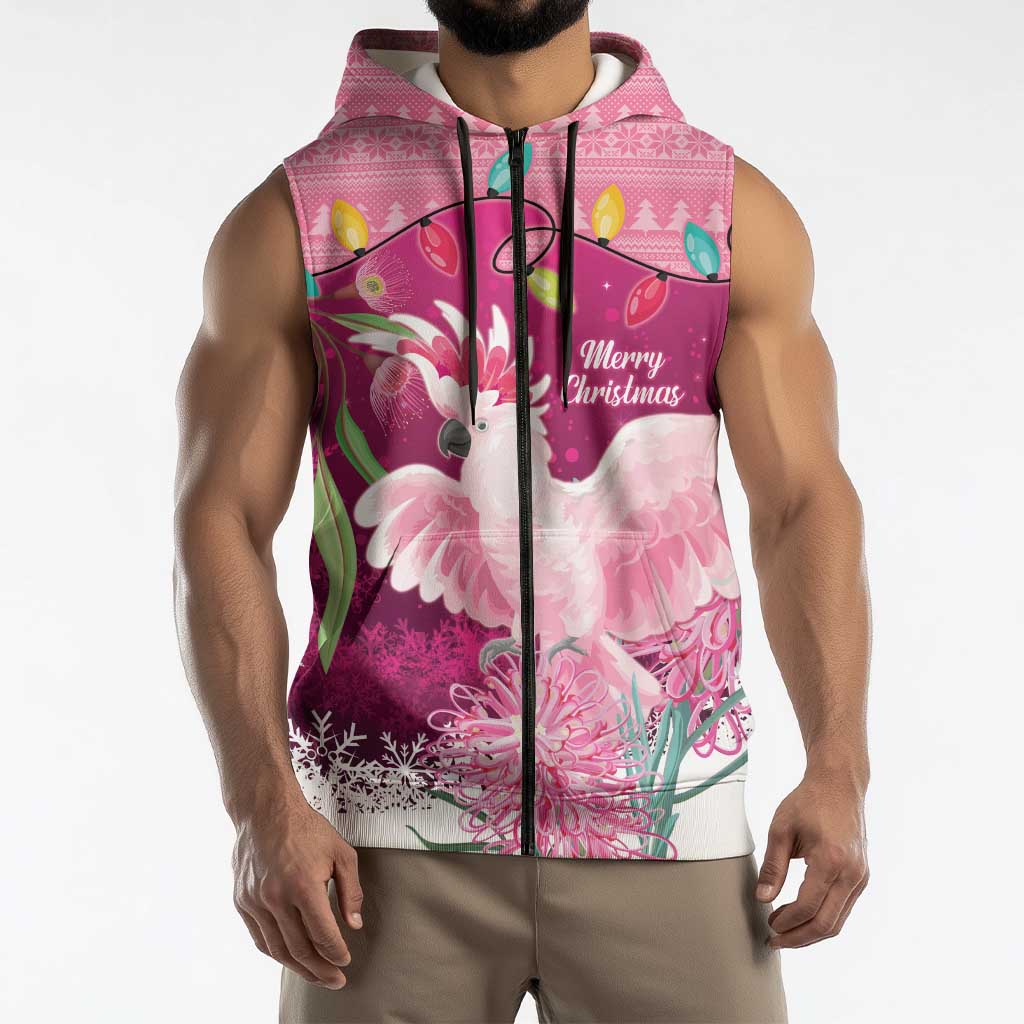 Pink Cockatoo Australia Christmas Sleeveless Zip Hoodie Grevillea Eucalyptus Blossoms LT14