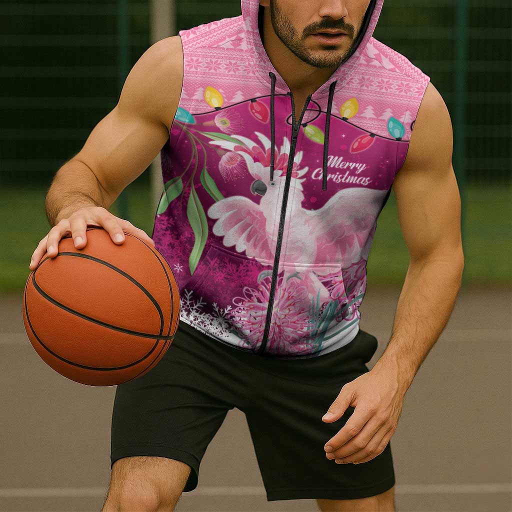 Pink Cockatoo Australia Christmas Sleeveless Zip Hoodie Grevillea Eucalyptus Blossoms LT14