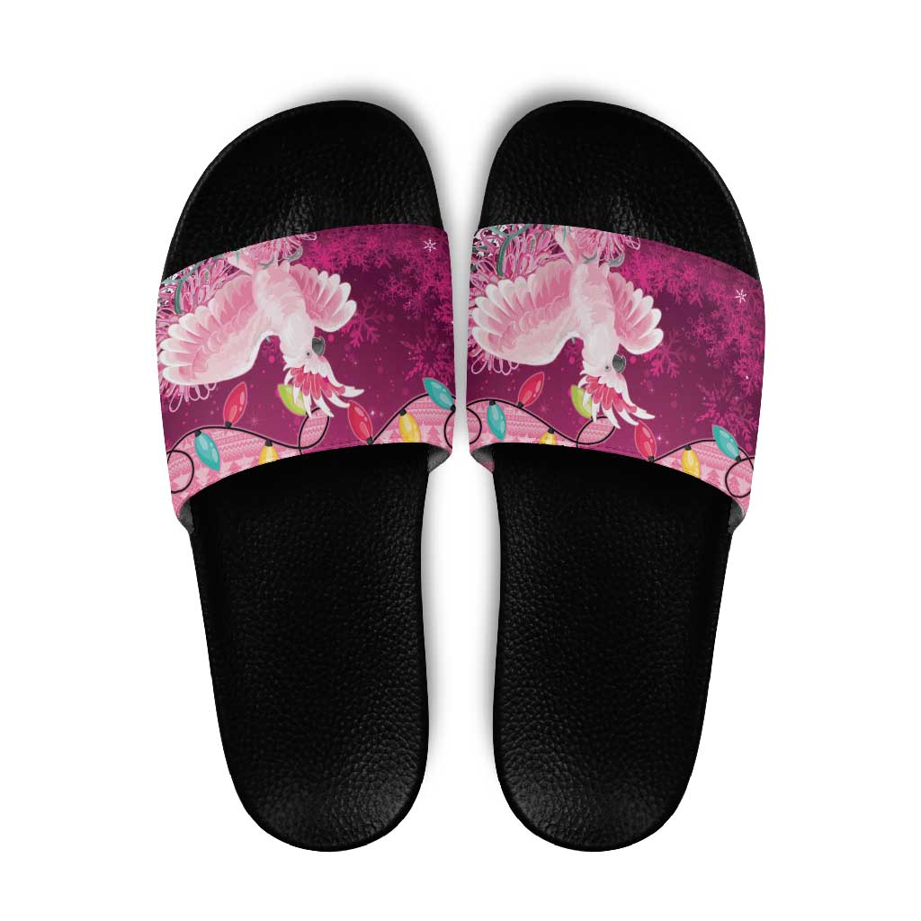 Pink Cockatoo Australia Christmas Slide Sandals Grevillea Eucalyptus Blossoms - Aussie Hoodie