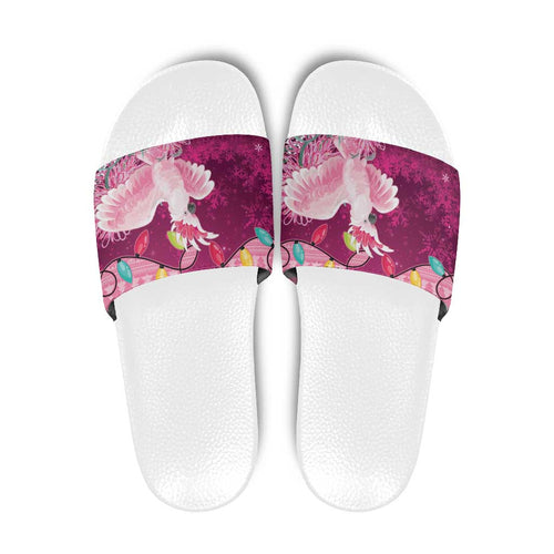 Pink Cockatoo Australia Christmas Slide Sandals Grevillea Eucalyptus Blossoms - Aussie Hoodie