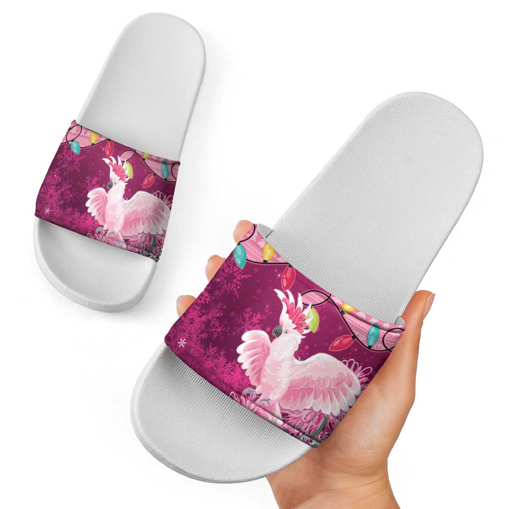 Pink Cockatoo Australia Christmas Slide Sandals Grevillea Eucalyptus Blossoms - Aussie Hoodie