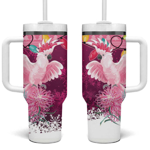 Pink Cockatoo Australia Christmas Tumbler With Handle Grevillea Eucalyptus Blossoms - Aussie Hoodie