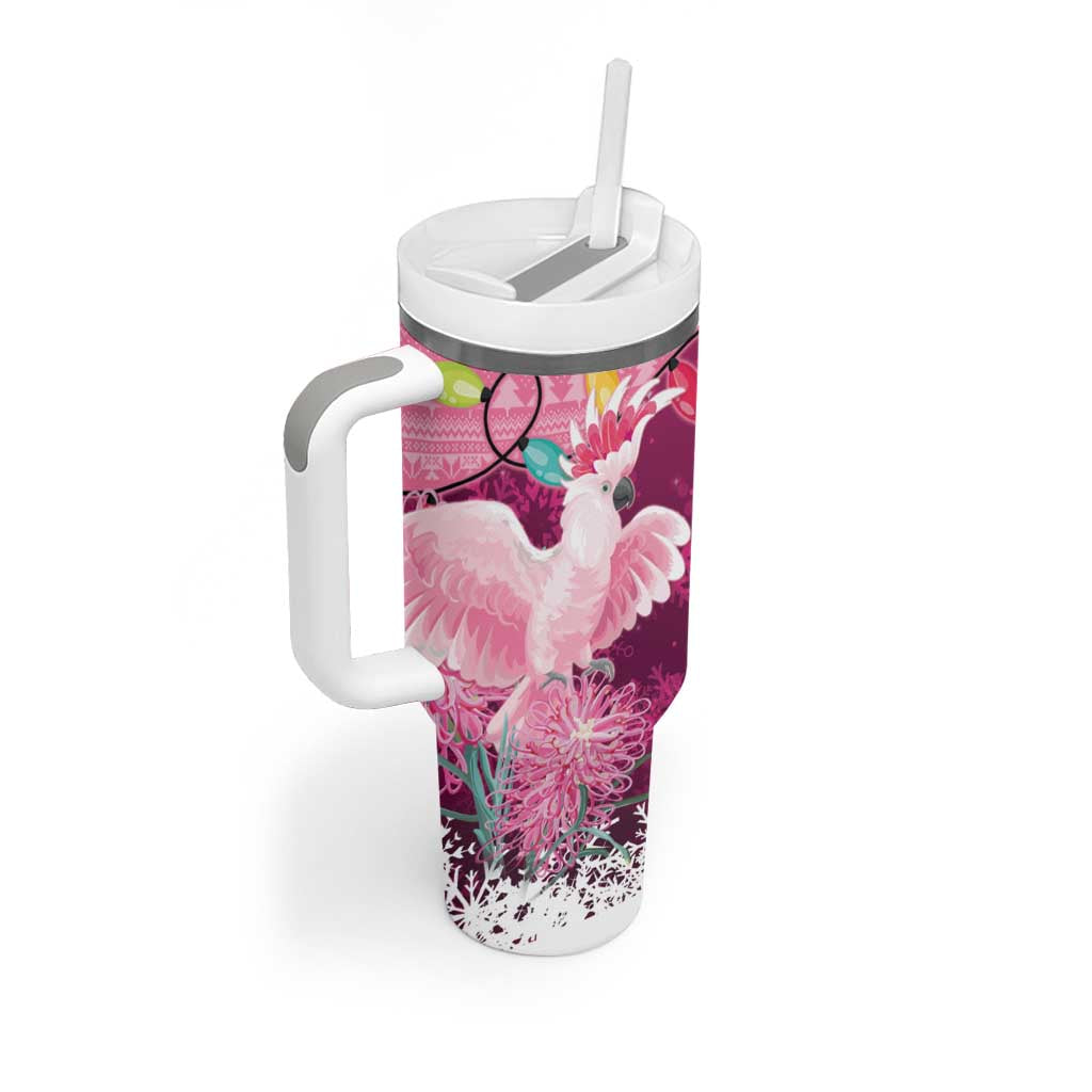 Pink Cockatoo Australia Christmas Tumbler With Handle Grevillea Eucalyptus Blossoms - Aussie Hoodie