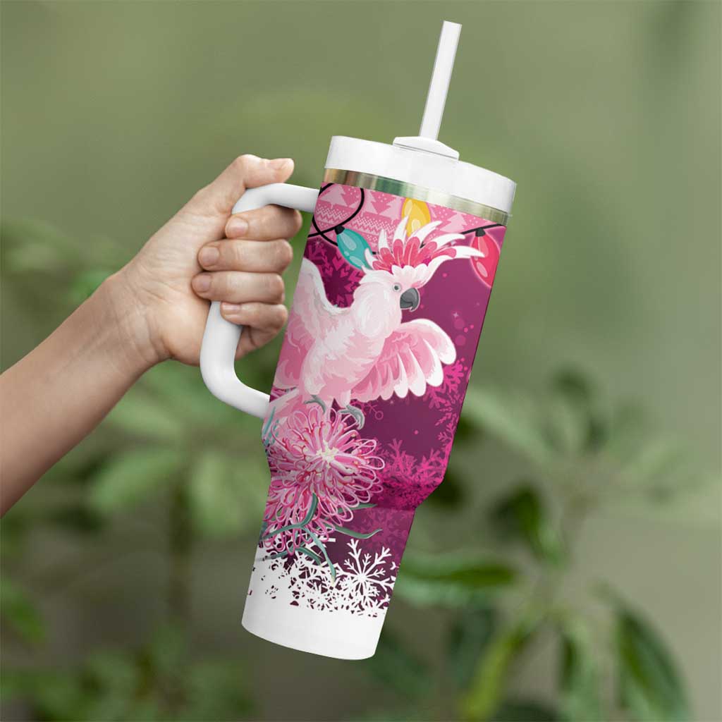 Pink Cockatoo Australia Christmas Tumbler With Handle Grevillea Eucalyptus Blossoms - Aussie Hoodie