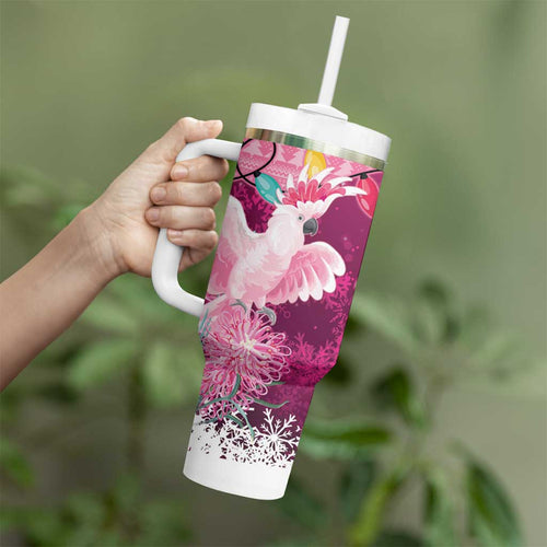 Pink Cockatoo Australia Christmas Tumbler With Handle Grevillea Eucalyptus Blossoms - Aussie Hoodie