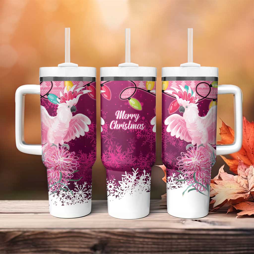 Pink Cockatoo Australia Christmas Tumbler With Handle Grevillea Eucalyptus Blossoms - Aussie Hoodie