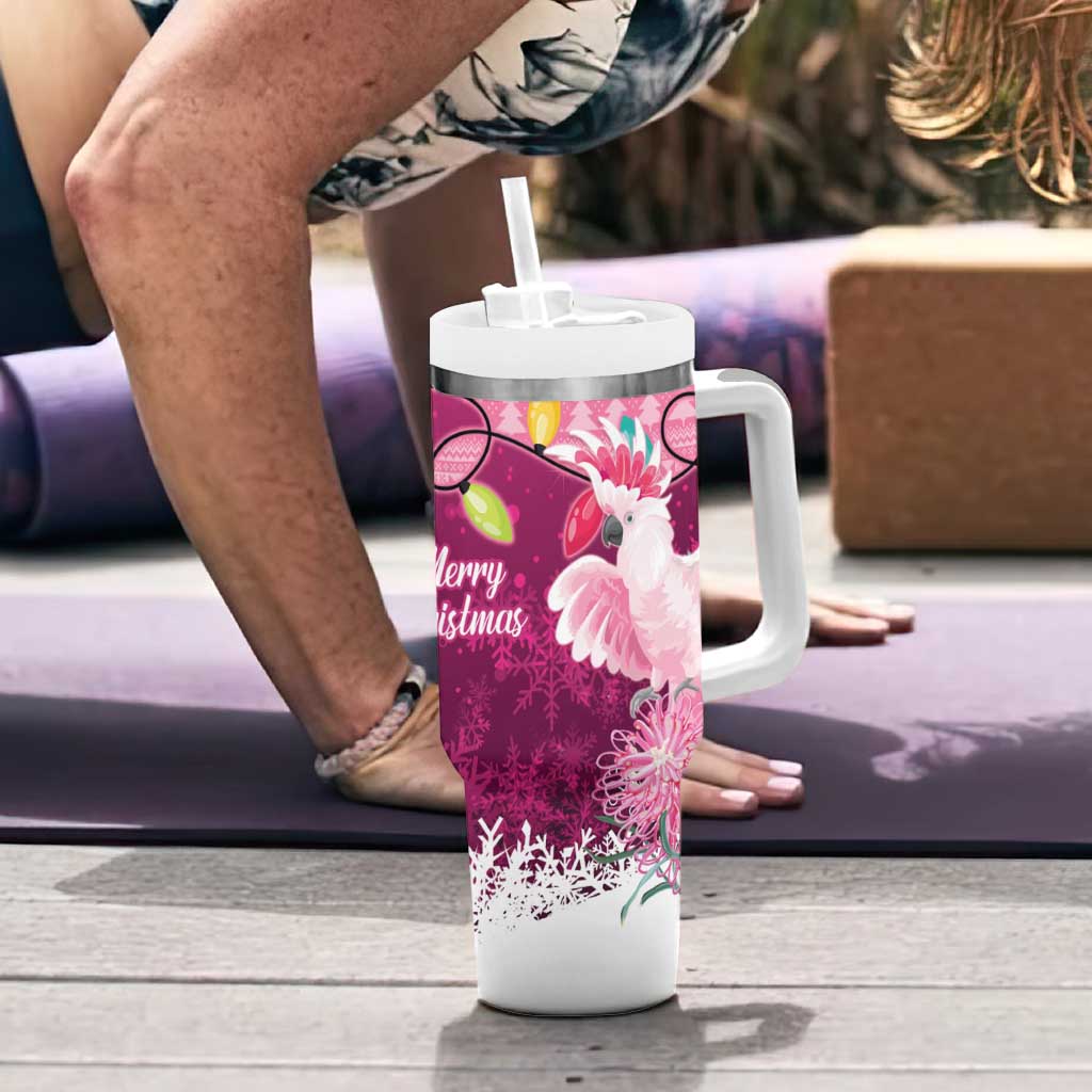 Pink Cockatoo Australia Christmas Tumbler With Handle Grevillea Eucalyptus Blossoms - Aussie Hoodie