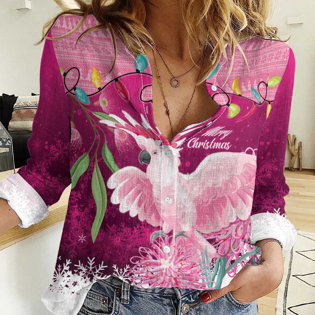 Pink Cockatoo Australia Christmas Women Casual Shirt Grevillea Eucalyptus Blossoms - Aussie Hoodie