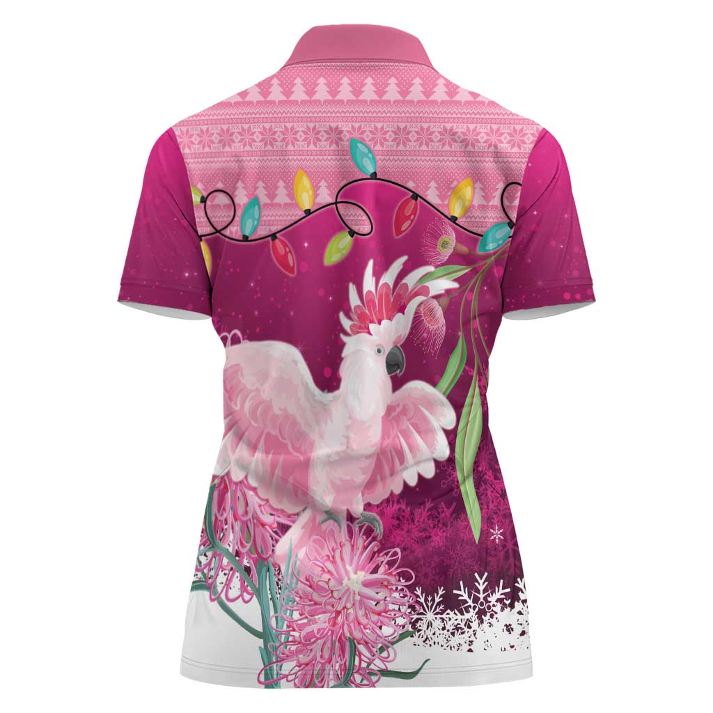 Pink Cockatoo Australia Christmas Women Polo Shirt Grevillea Eucalyptus Blossoms - Aussie Hoodie