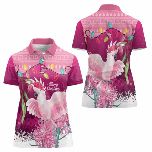 Pink Cockatoo Australia Christmas Women Polo Shirt Grevillea Eucalyptus Blossoms - Aussie Hoodie