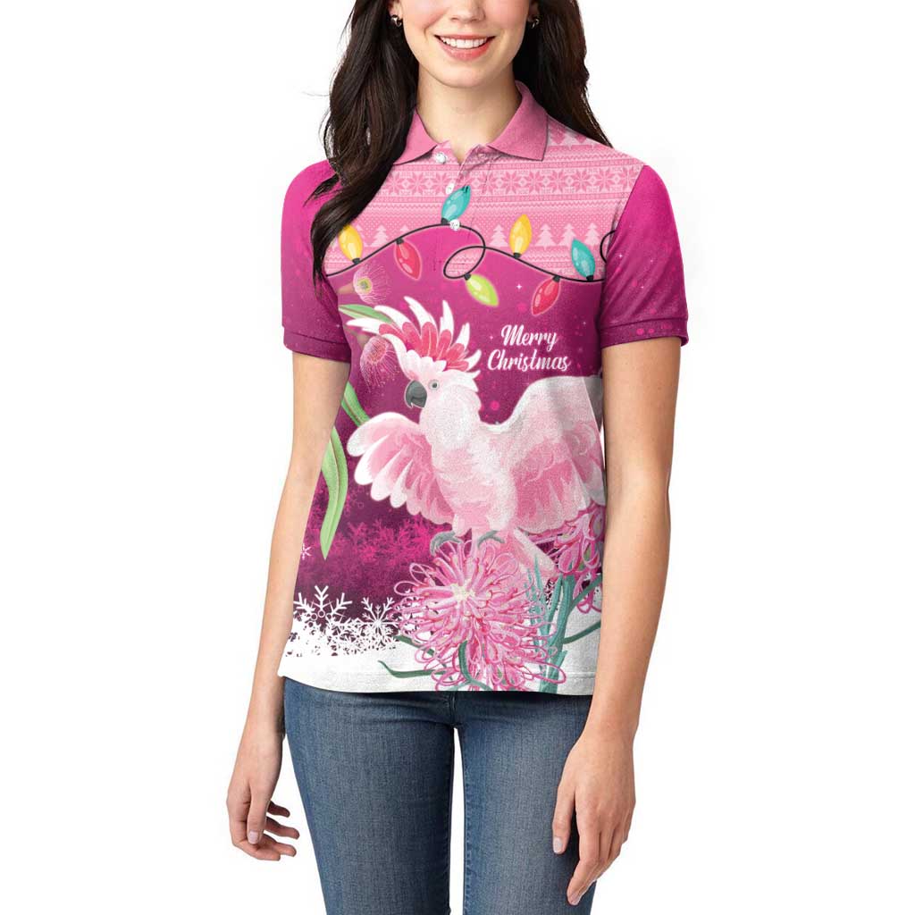 Pink Cockatoo Australia Christmas Women Polo Shirt Grevillea Eucalyptus Blossoms - Aussie Hoodie