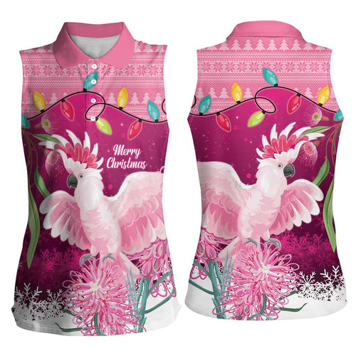 Pink Cockatoo Australia Christmas Women Sleeveless Polo Shirt Grevillea Eucalyptus Blossoms - Aussie Hoodie