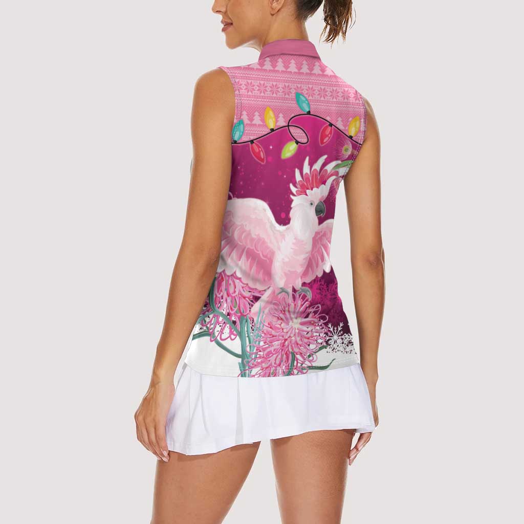 Pink Cockatoo Australia Christmas Women Sleeveless Polo Shirt Grevillea Eucalyptus Blossoms - Aussie Hoodie