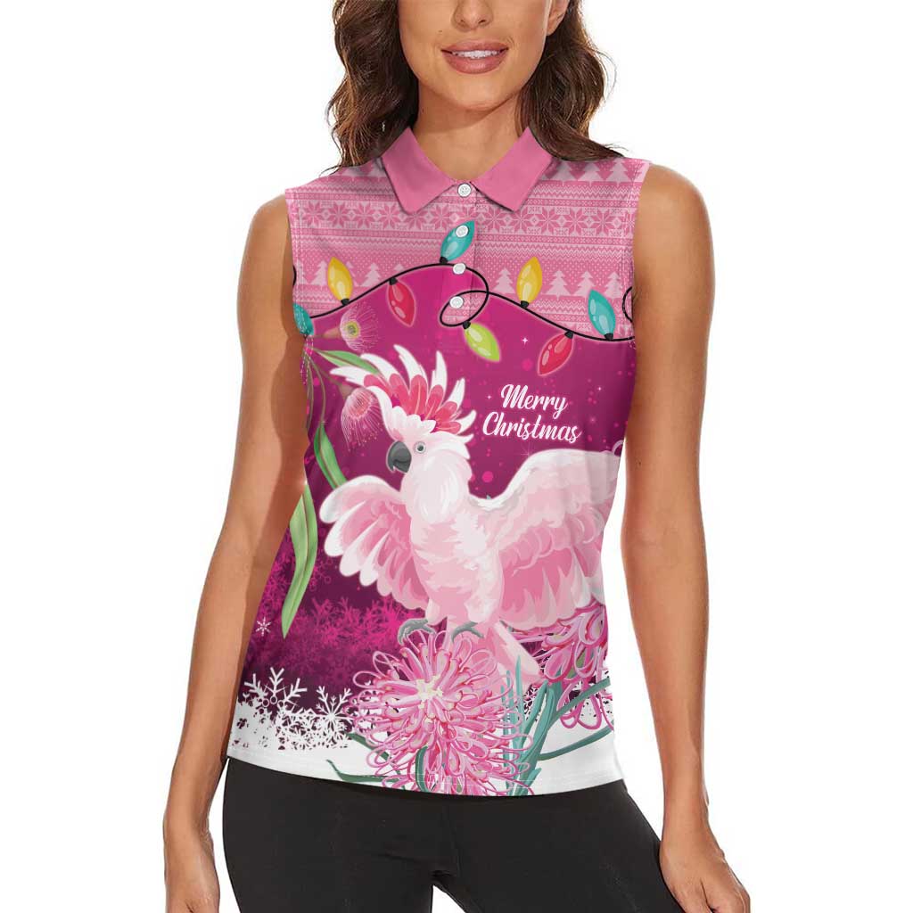 Pink Cockatoo Australia Christmas Women Sleeveless Polo Shirt Grevillea Eucalyptus Blossoms - Aussie Hoodie