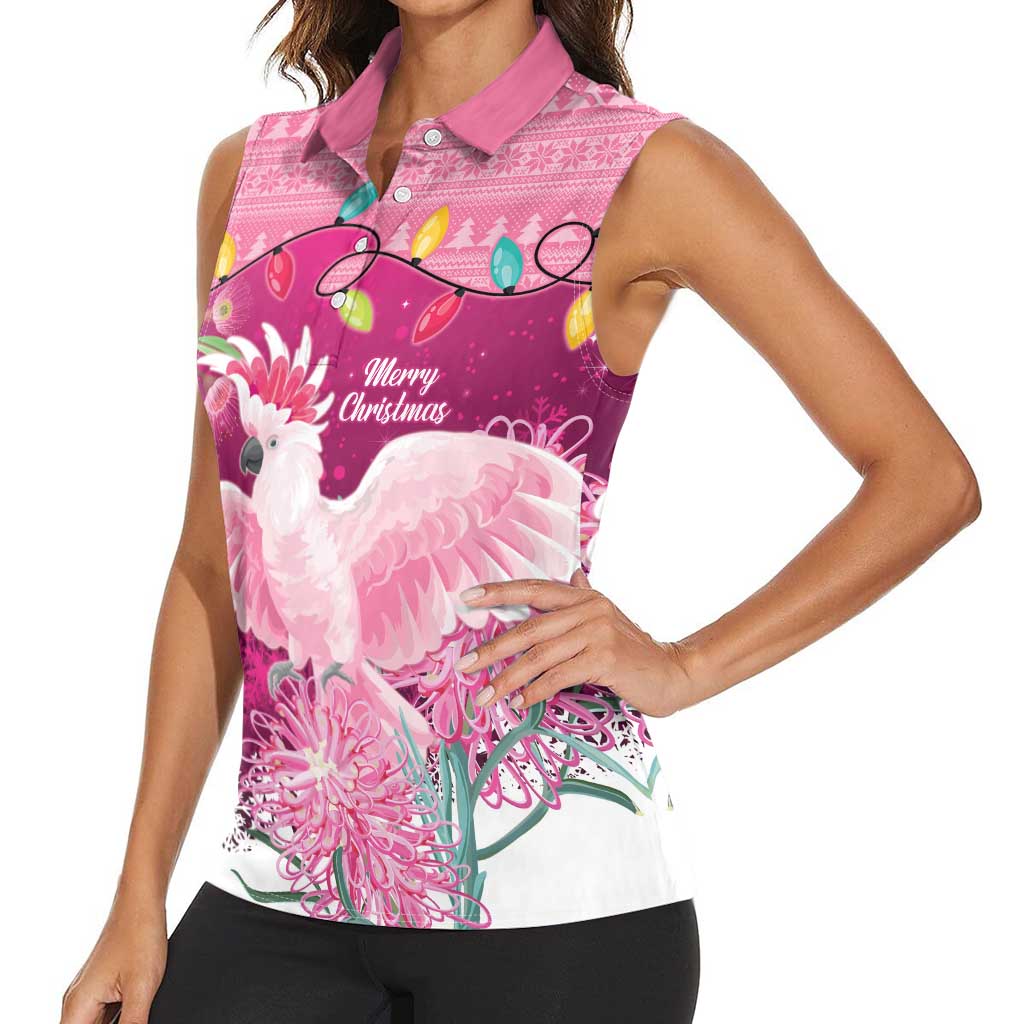 Pink Cockatoo Australia Christmas Women Sleeveless Polo Shirt Grevillea Eucalyptus Blossoms - Aussie Hoodie