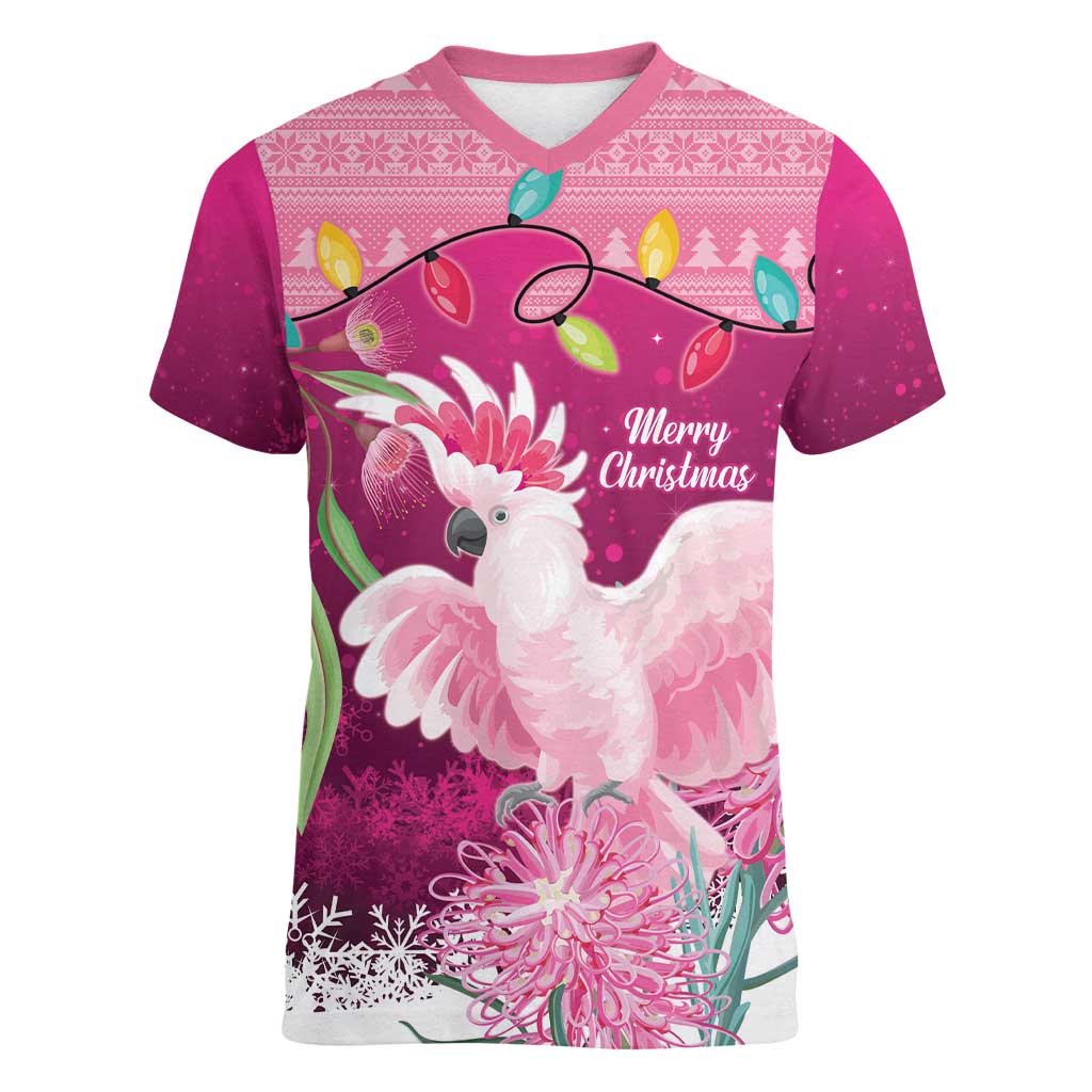 Pink Cockatoo Australia Christmas Women V-Neck T-Shirt Grevillea Eucalyptus Blossoms - Aussie Hoodie