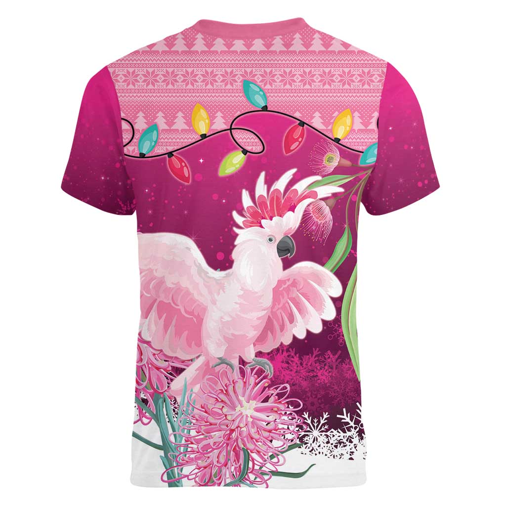 Pink Cockatoo Australia Christmas Women V-Neck T-Shirt Grevillea Eucalyptus Blossoms - Aussie Hoodie