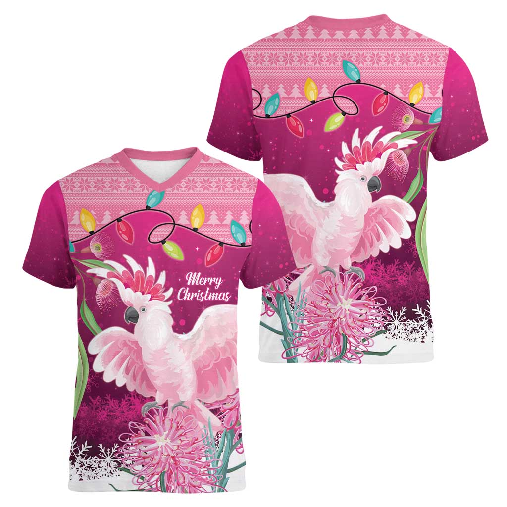 Pink Cockatoo Australia Christmas Women V-Neck T-Shirt Grevillea Eucalyptus Blossoms - Aussie Hoodie