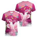 Pink Cockatoo Australia Christmas Women V-Neck T-Shirt Grevillea Eucalyptus Blossoms - Aussie Hoodie