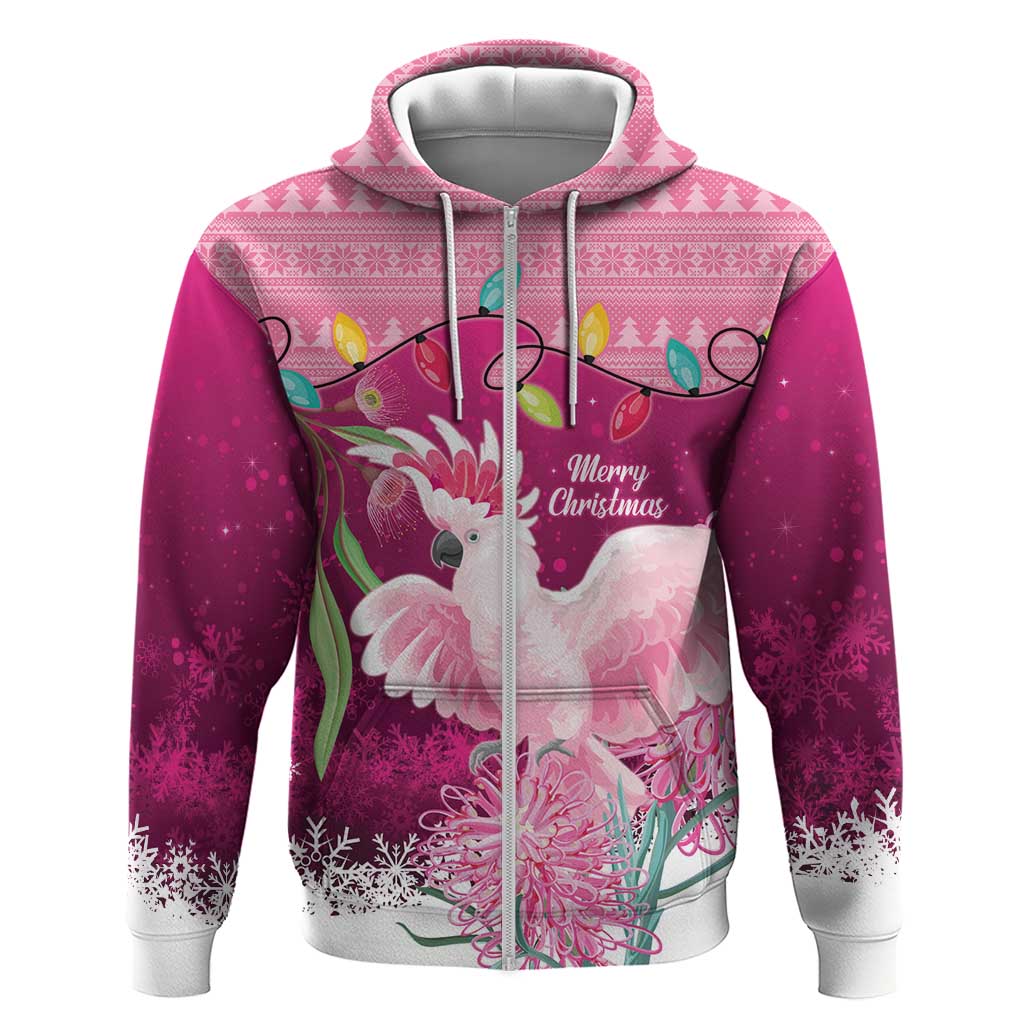 Pink Cockatoo Australia Christmas Zip Hoodie Grevillea Eucalyptus Blossoms - Aussie Hoodie