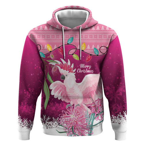 Pink Cockatoo Australia Christmas Zip Hoodie Grevillea Eucalyptus Blossoms - Aussie Hoodie