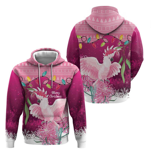 Pink Cockatoo Australia Christmas Zip Hoodie Grevillea Eucalyptus Blossoms - Aussie Hoodie