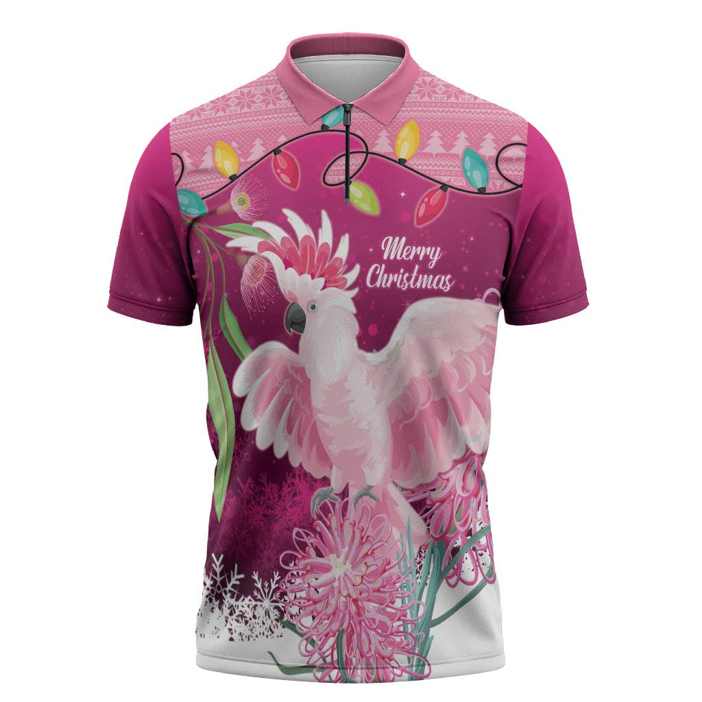 Pink Cockatoo Australia Christmas Zipper Polo Shirt Grevillea Eucalyptus Blossoms - Aussie Hoodie