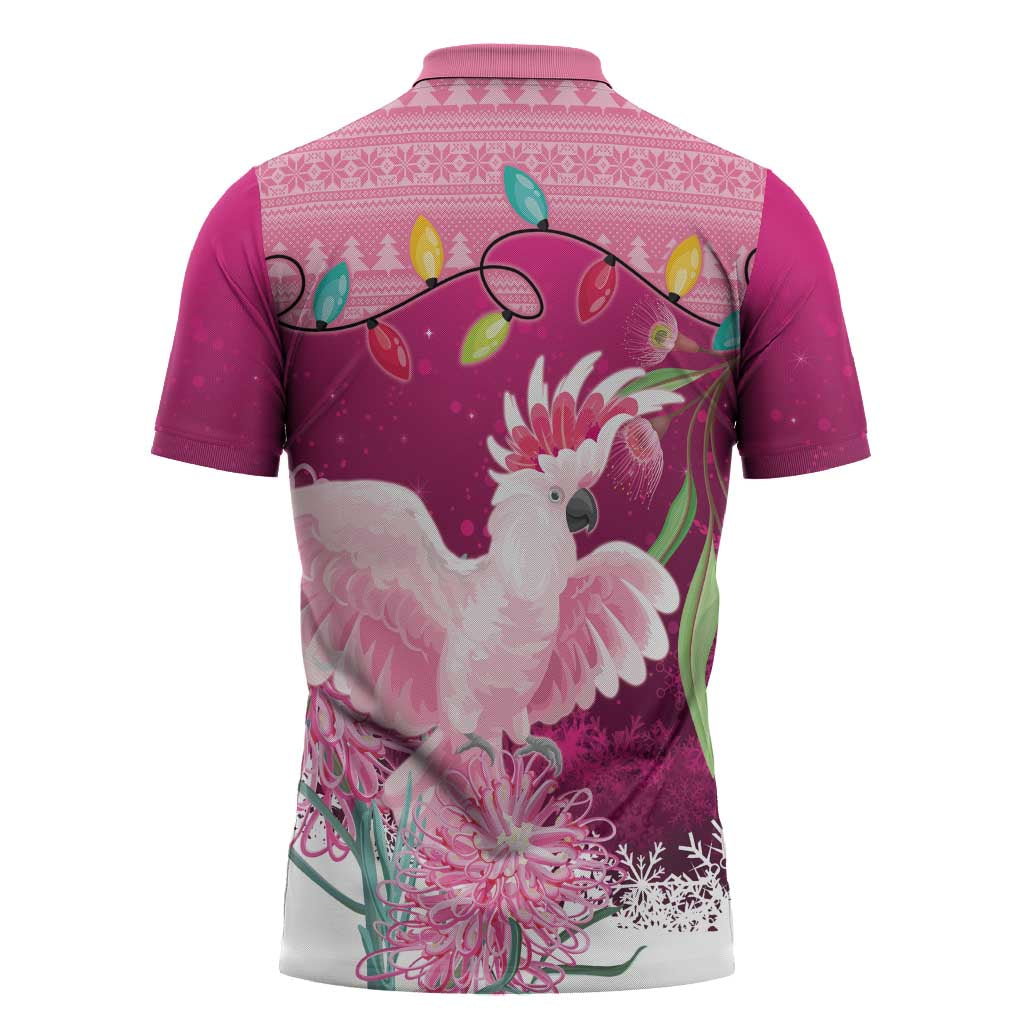 Pink Cockatoo Australia Christmas Zipper Polo Shirt Grevillea Eucalyptus Blossoms - Aussie Hoodie