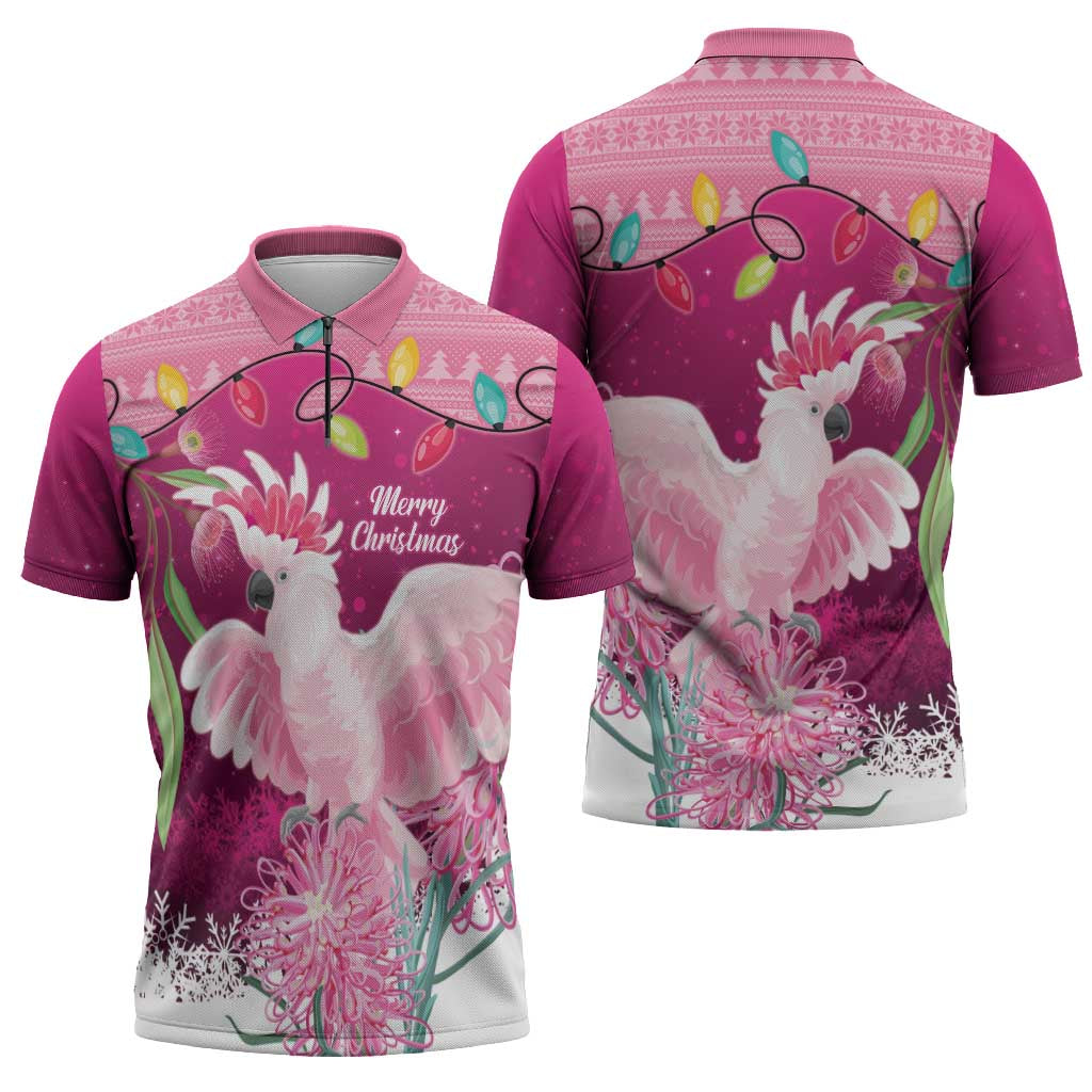 Pink Cockatoo Australia Christmas Zipper Polo Shirt Grevillea Eucalyptus Blossoms - Aussie Hoodie