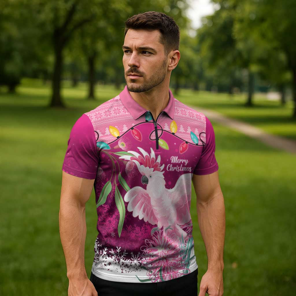 Pink Cockatoo Australia Christmas Zipper Polo Shirt Grevillea Eucalyptus Blossoms - Aussie Hoodie